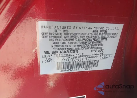 2025 Nissan Kicks Sv Fwd from USA, damaged, VIN 3N8AP6CA6SL370516